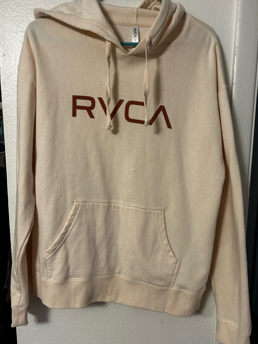 RVCA Men's Cream Pullover Hoodie with Rust Logo